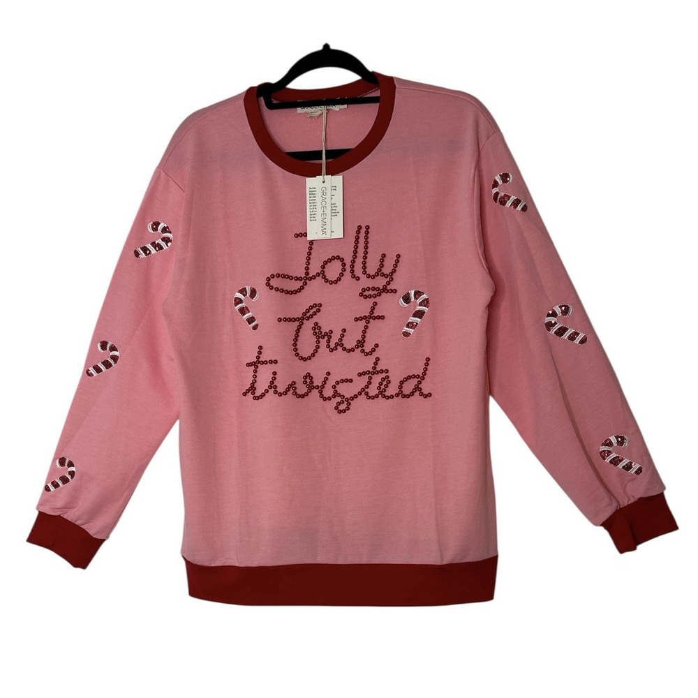 GRACE EMMA Christmas Sweatshirt Women Medium‎ Sequin Ugly Sweater Candy Cane New